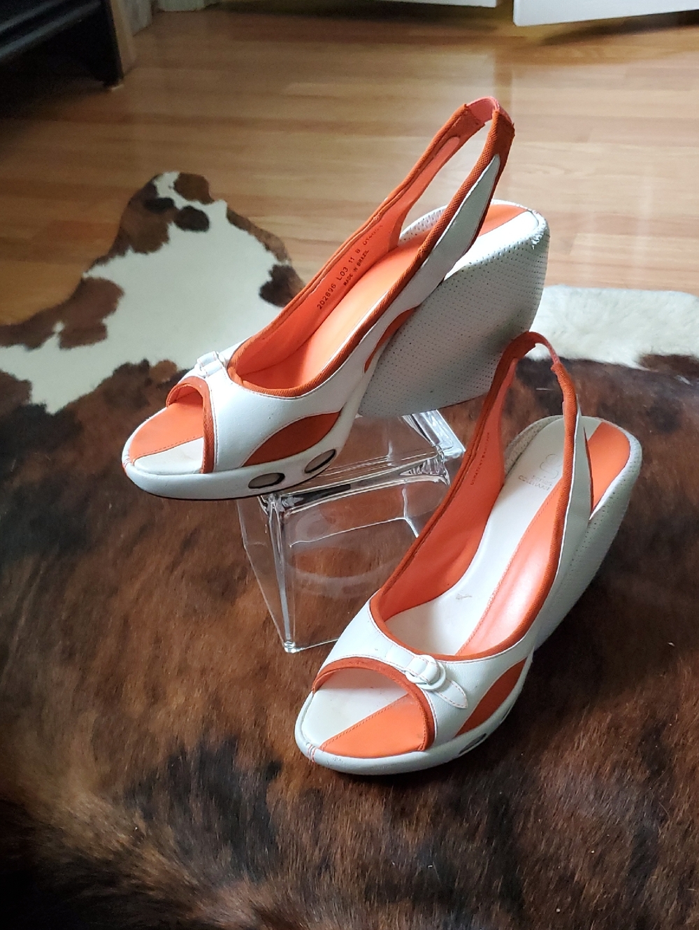 Cole Haan White and Orange Peep-Toe Slingback Wedges with Cutout Detail